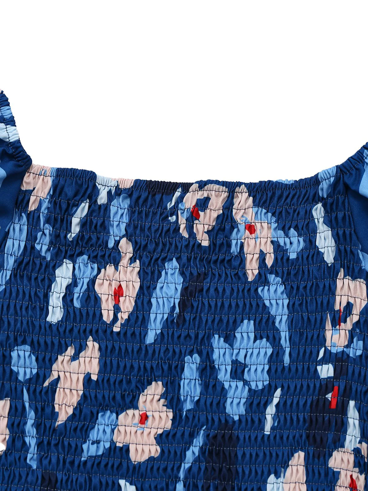 Blue 1940s Floral Puff Sleeves Off-Shoulder Dress - Image 3