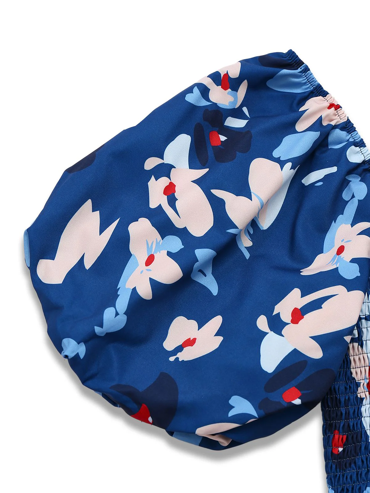 Blue 1940s Floral Puff Sleeves Off-Shoulder Dress - Image 4