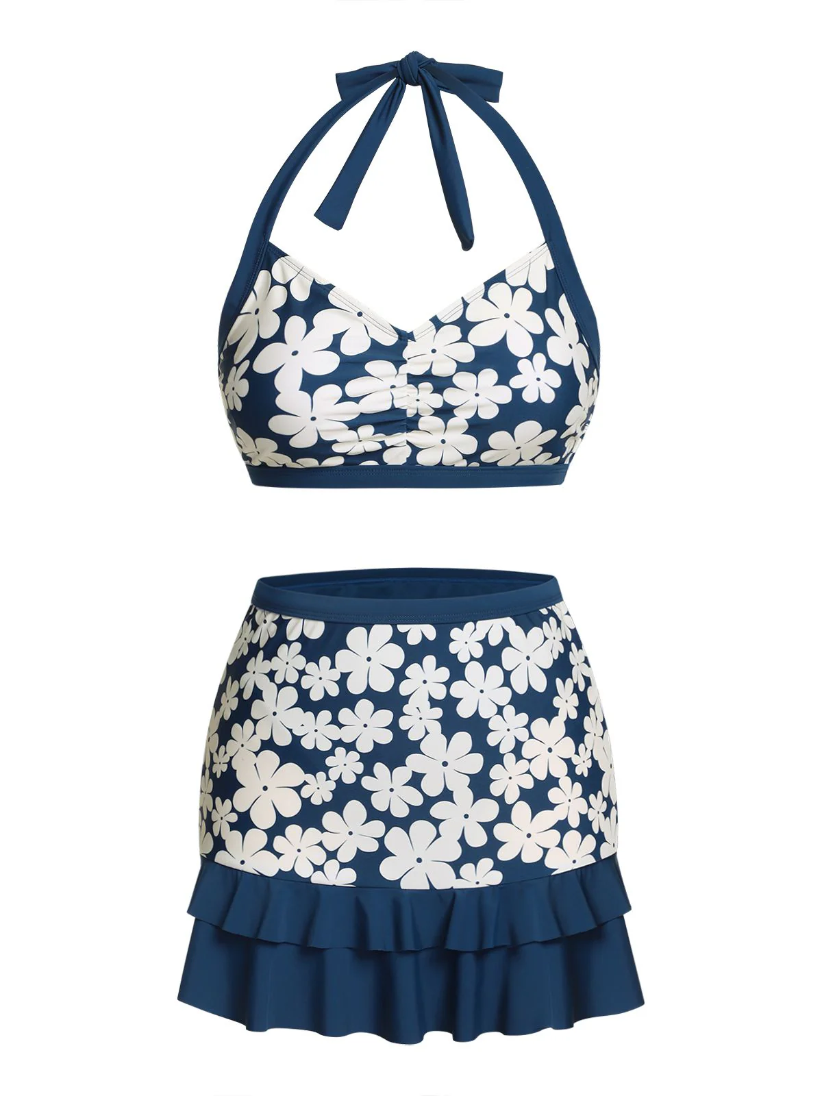 Blue 1940s Floral Ruffles Halter Swimsuit - Image 2