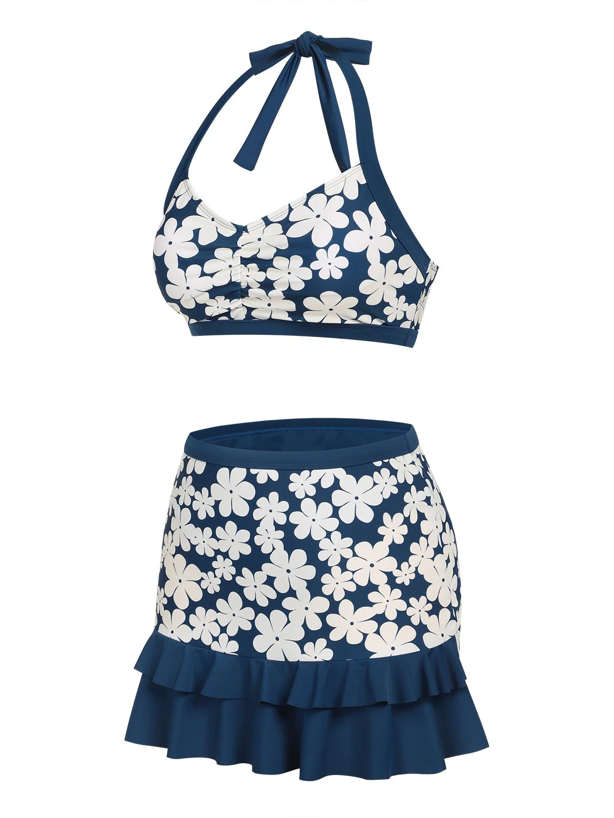 Blue 1940s Floral Ruffles Halter Swimsuit - Image 3