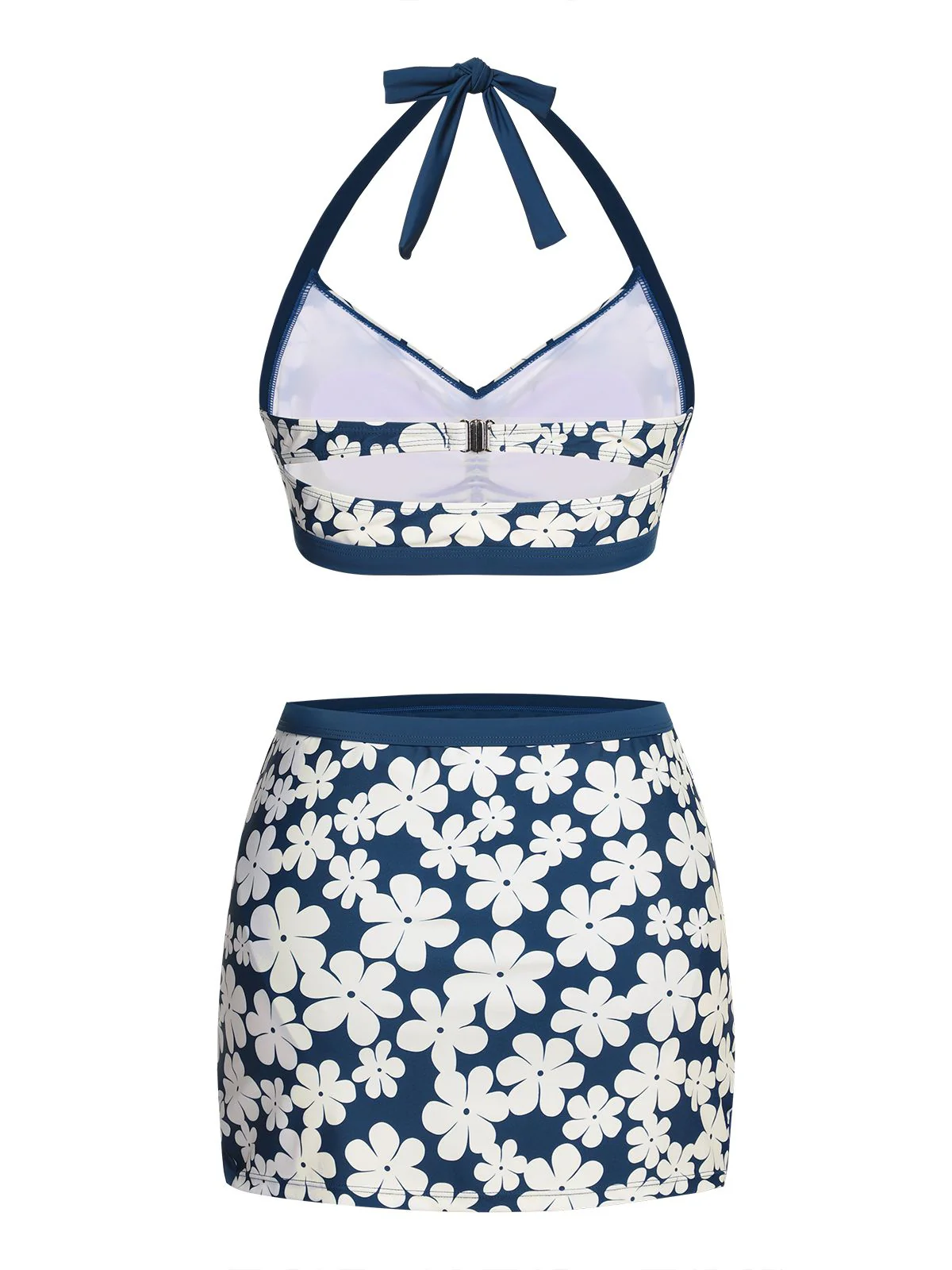 Blue 1940s Floral Ruffles Halter Swimsuit - Image 4