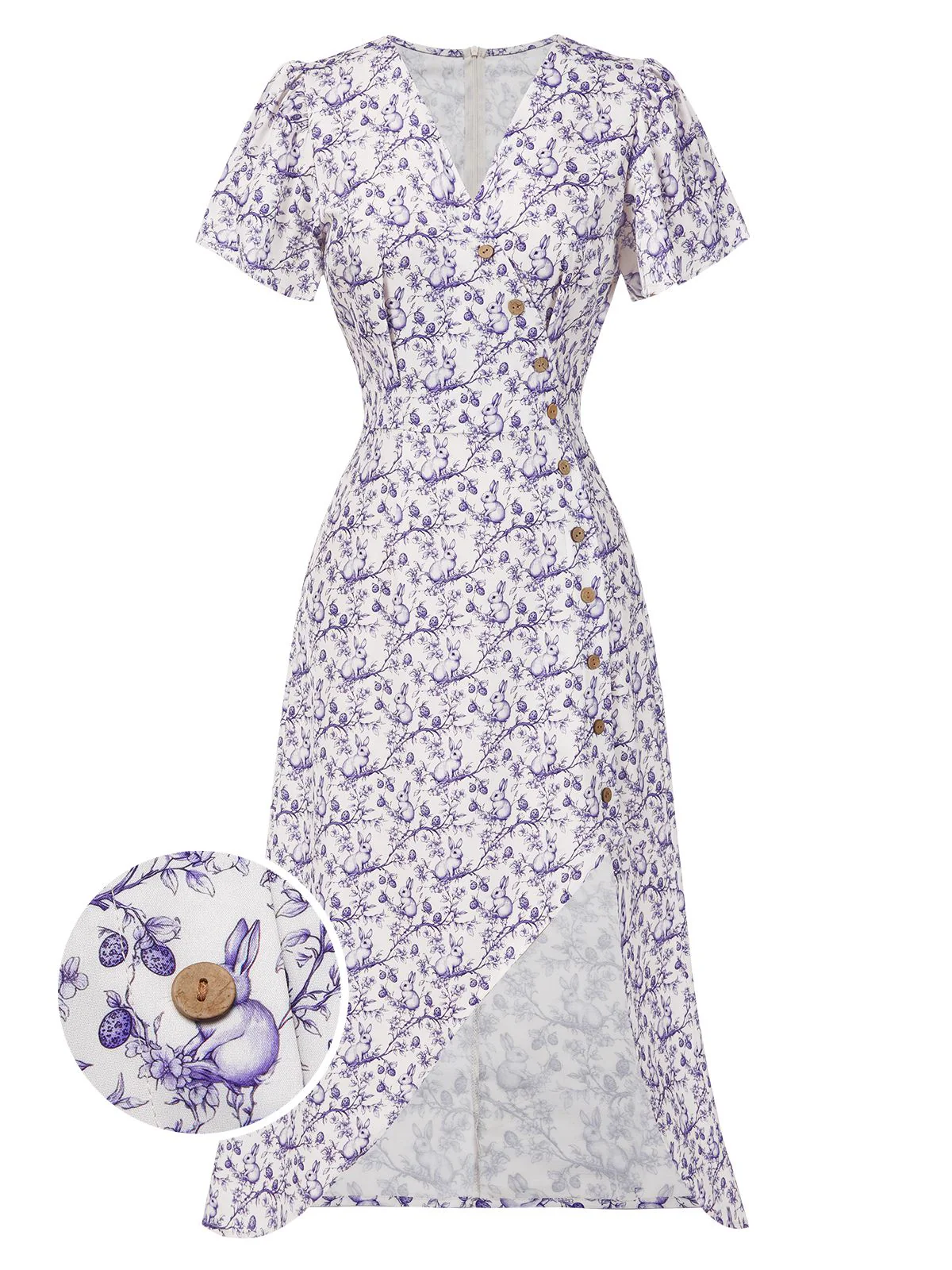 Blue 1940s Floral V-Neck Added Button Dress - Image 17