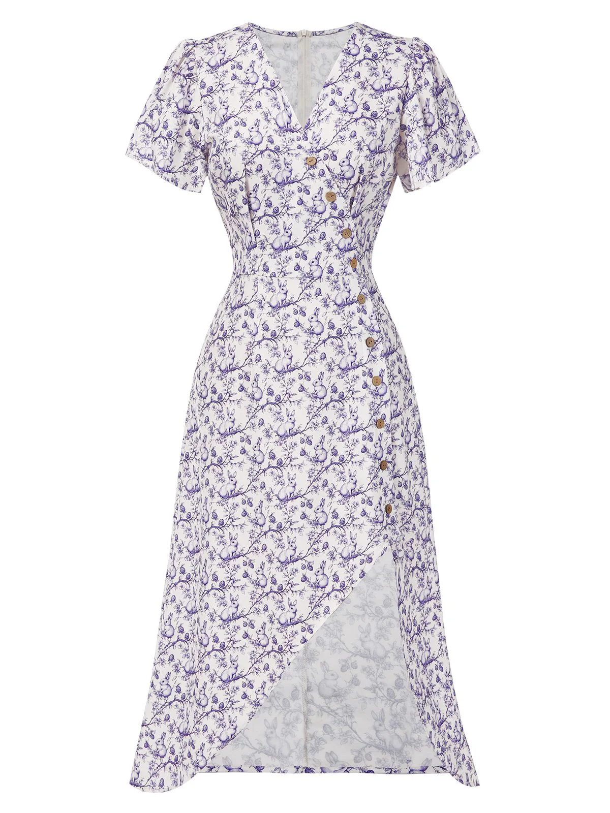 Blue 1940s Floral V-Neck Added Button Dress - Image 18