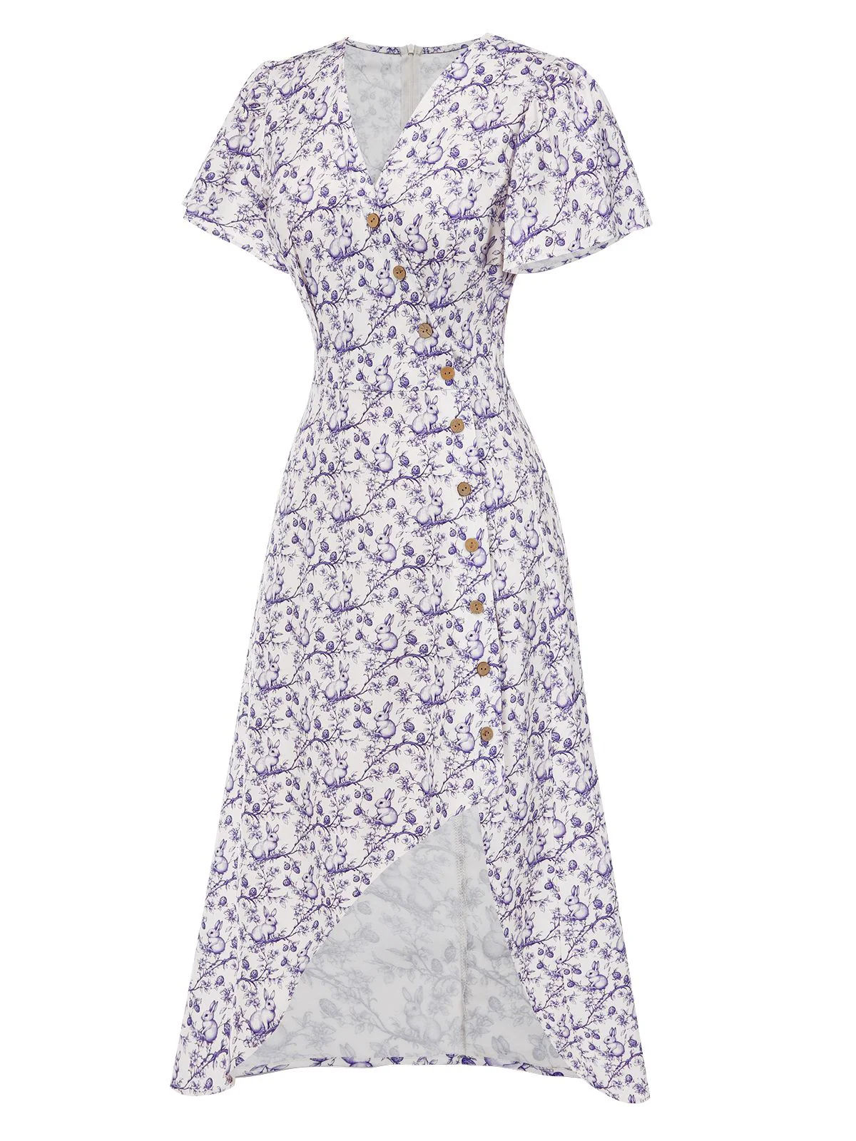 Blue 1940s Floral V-Neck Added Button Dress - Image 19