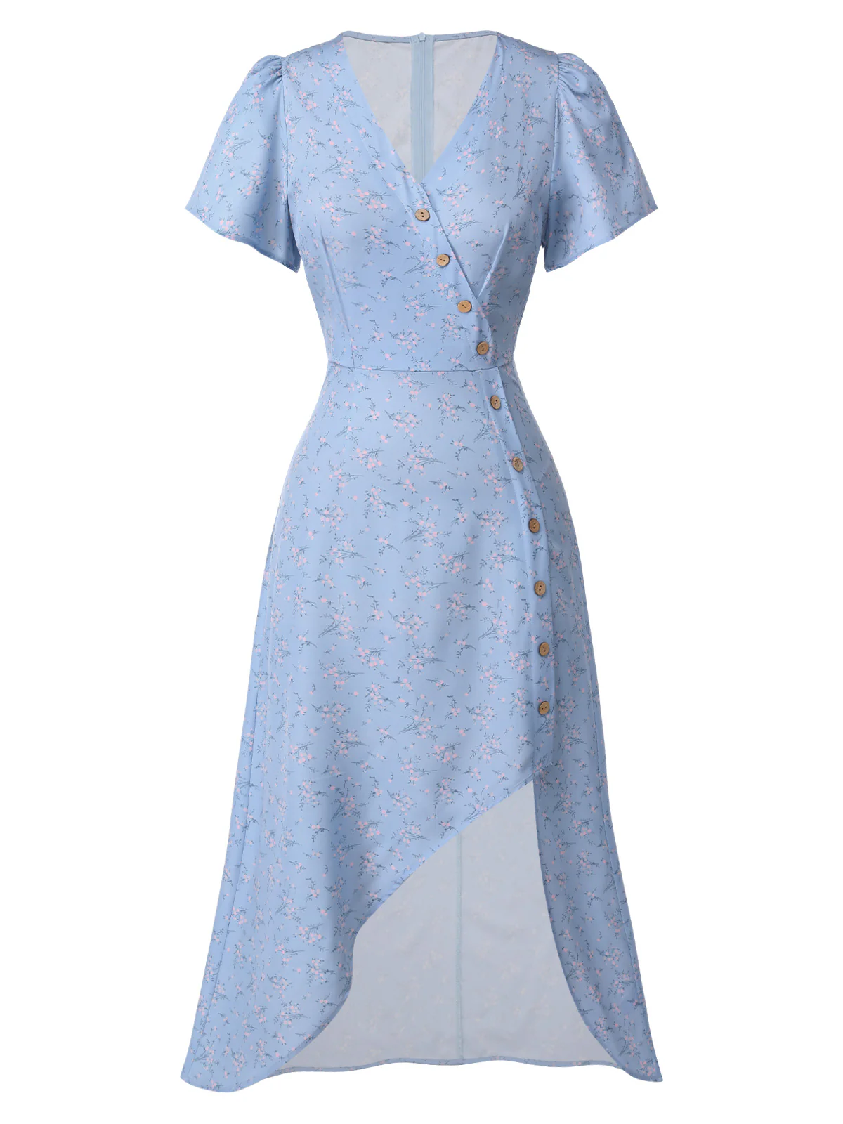 Blue 1940s Floral V-Neck Added Button Dress - Image 2