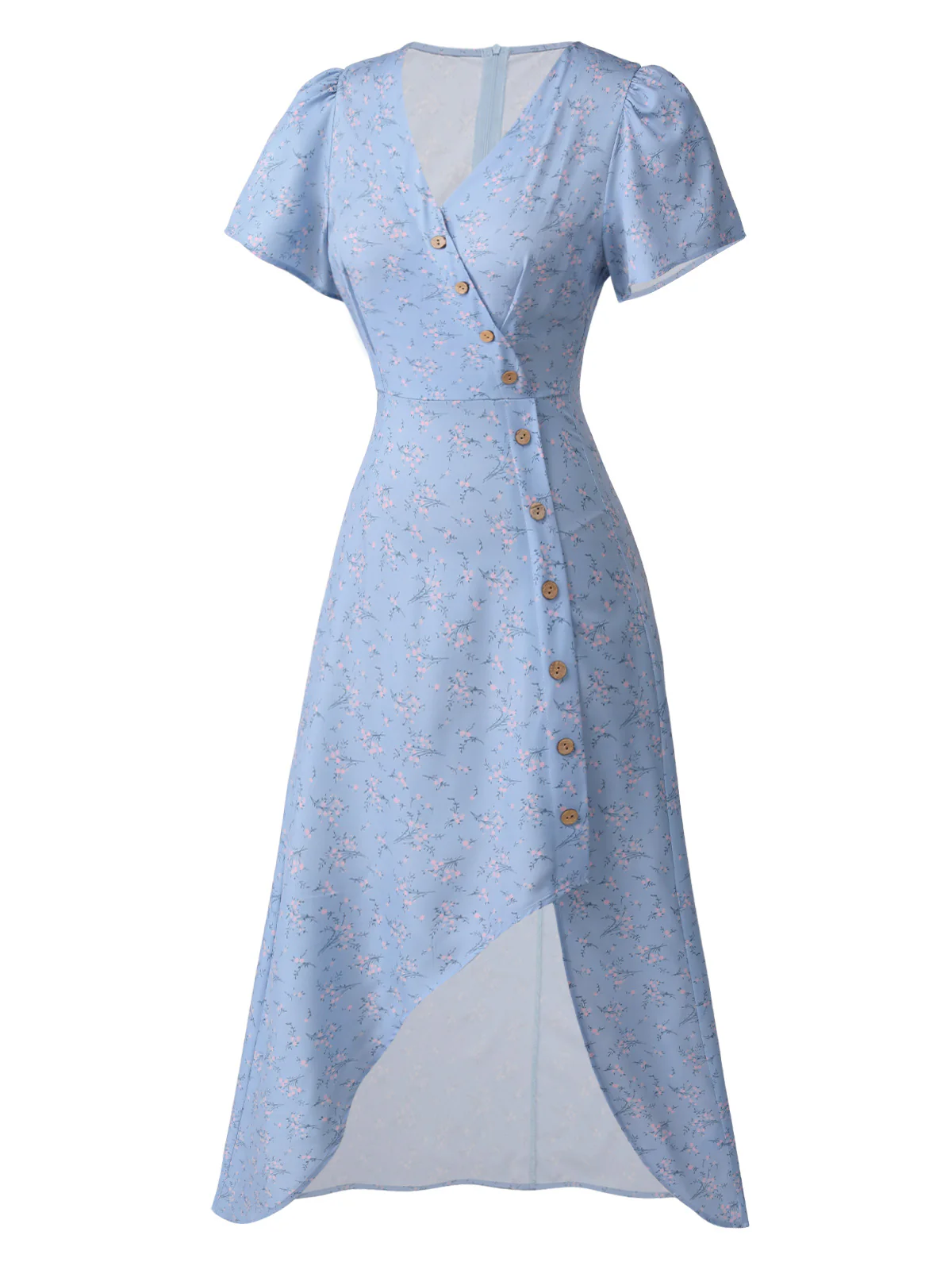 Blue 1940s Floral V-Neck Added Button Dress - Image 3