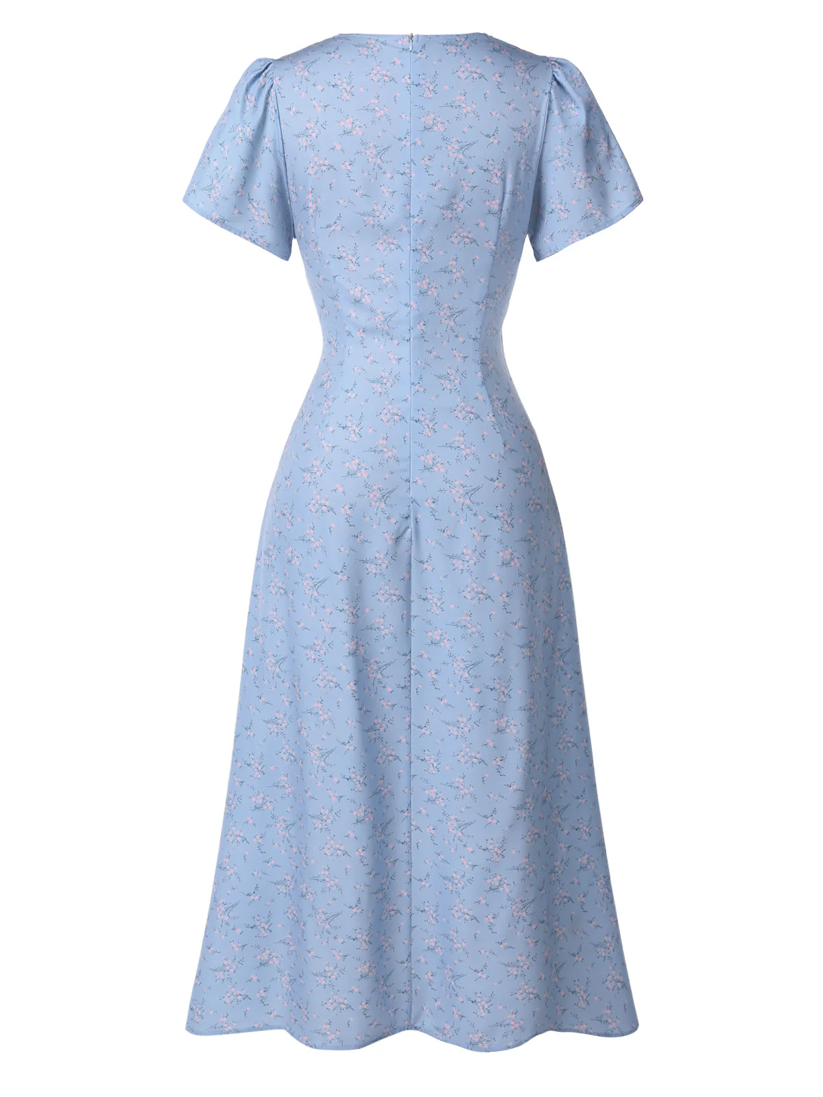 Blue 1940s Floral V-Neck Added Button Dress - Image 4