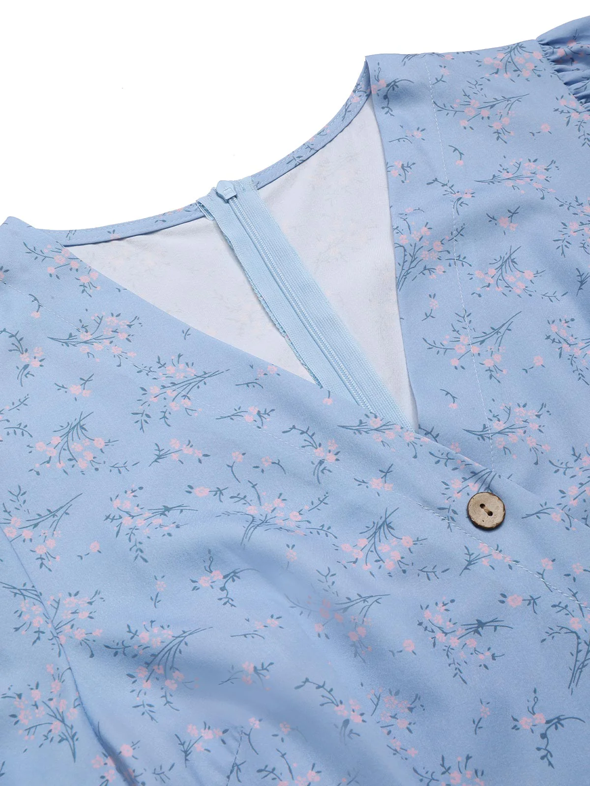 Blue 1940s Floral V-Neck Added Button Dress - Image 5