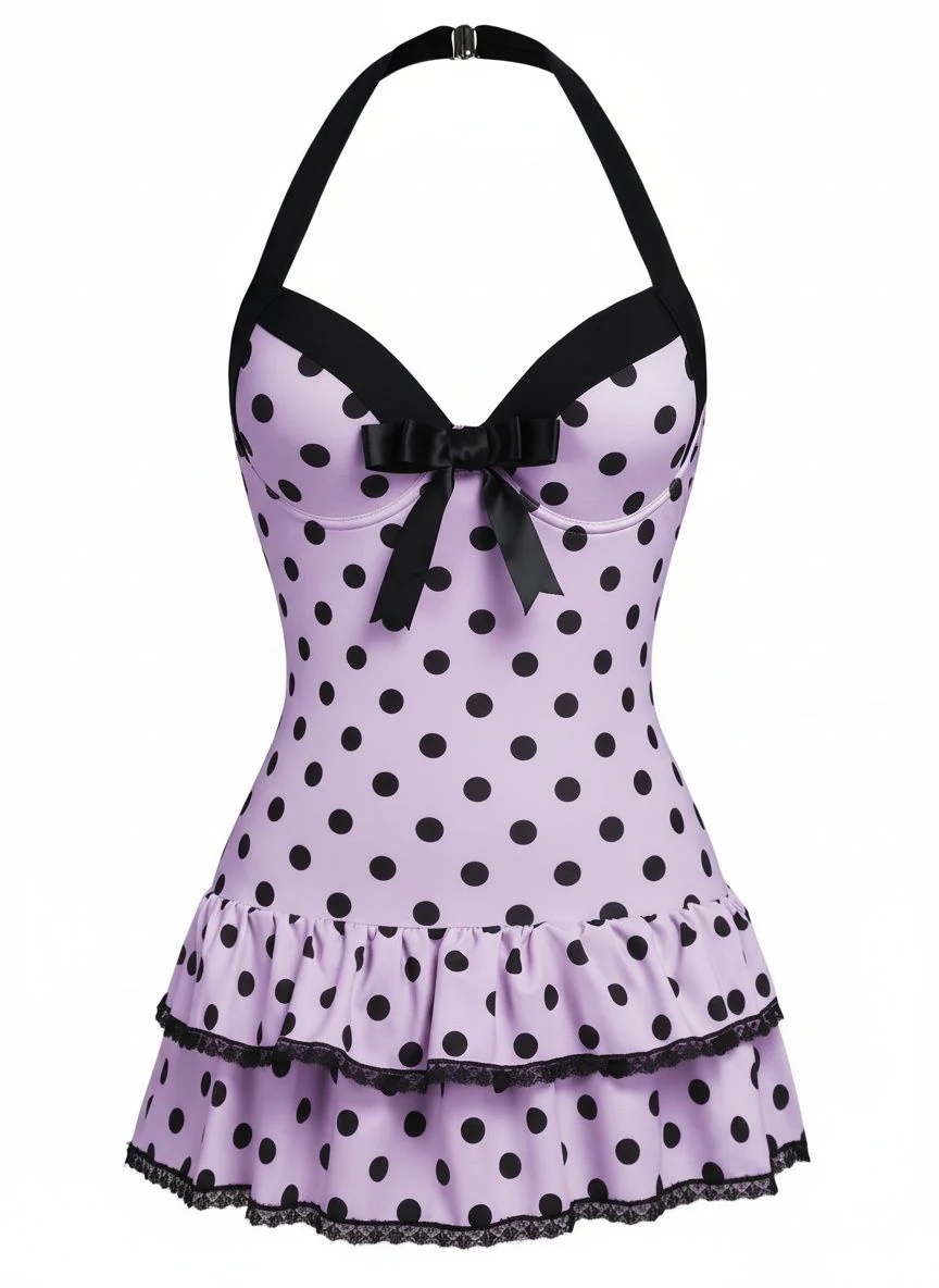 Brown 1940s Halter Polka Dots Bow Swimsuit - Image 19
