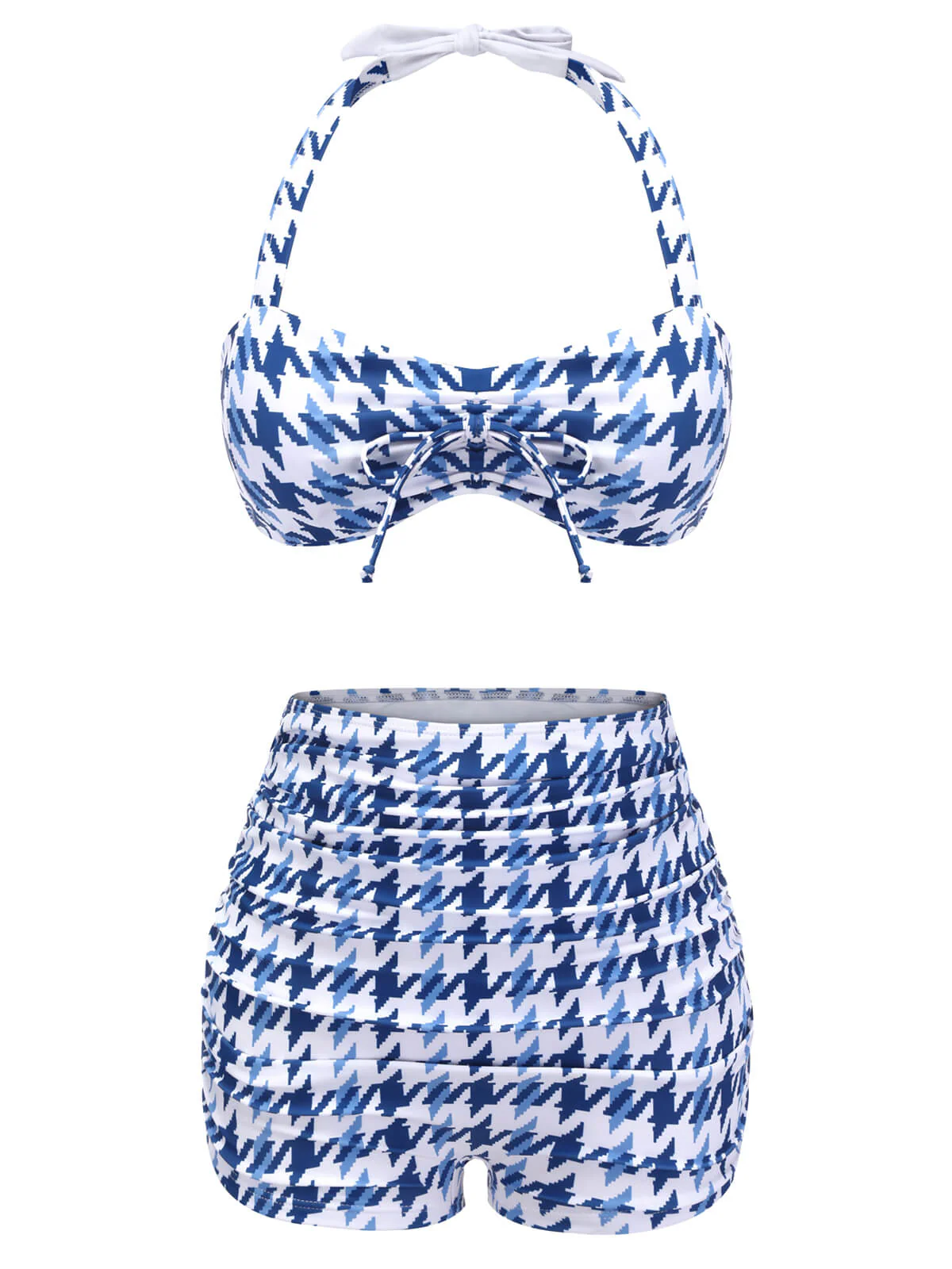 Blue 1940s Houndstooth Bow Halter Swimsuit - Image 2