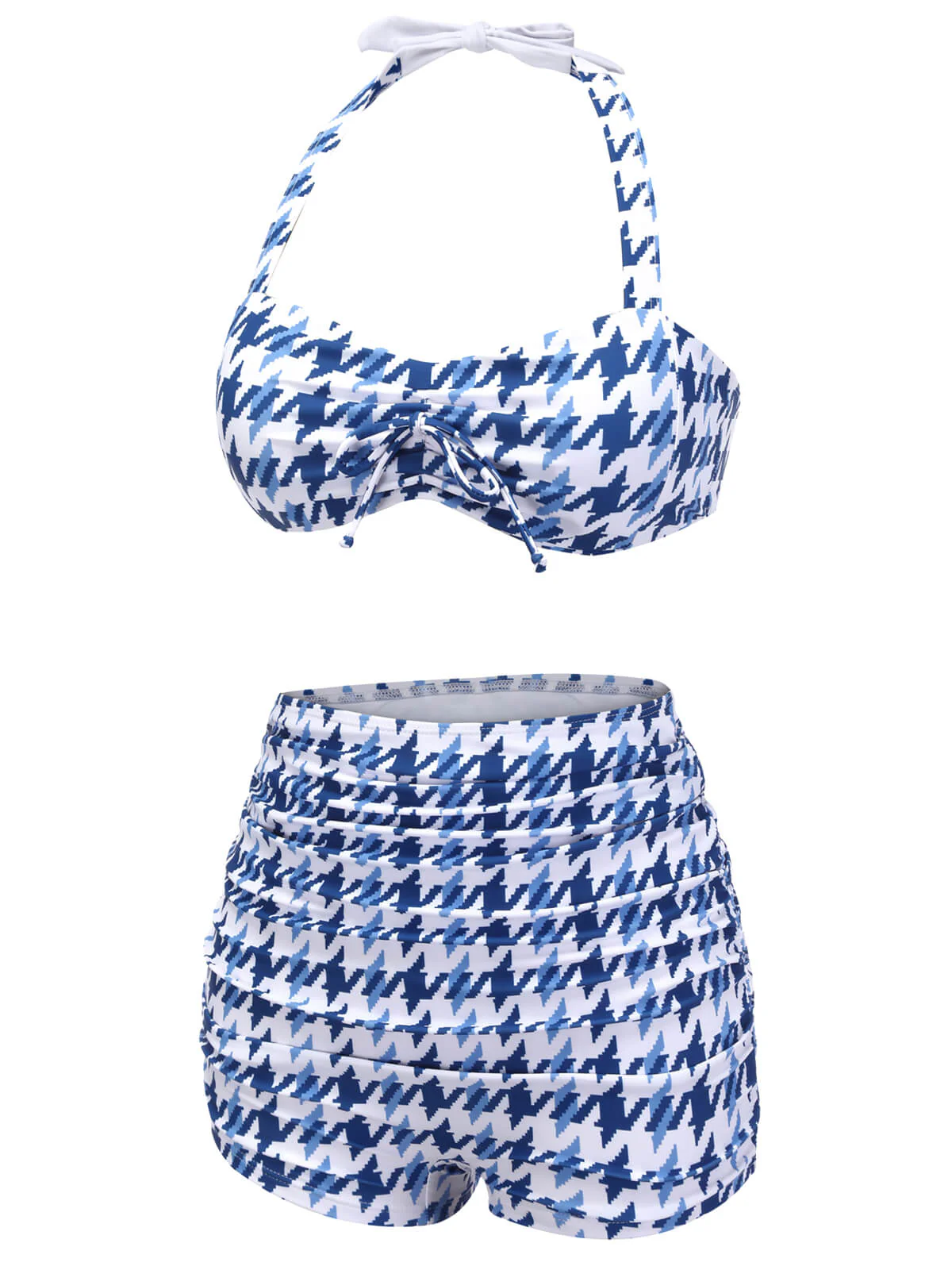 Blue 1940s Houndstooth Bow Halter Swimsuit - Image 3