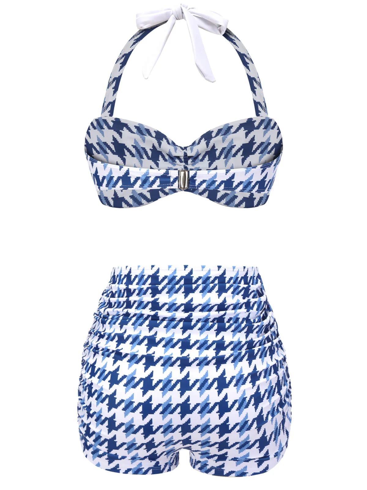 Blue 1940s Houndstooth Bow Halter Swimsuit - Image 4