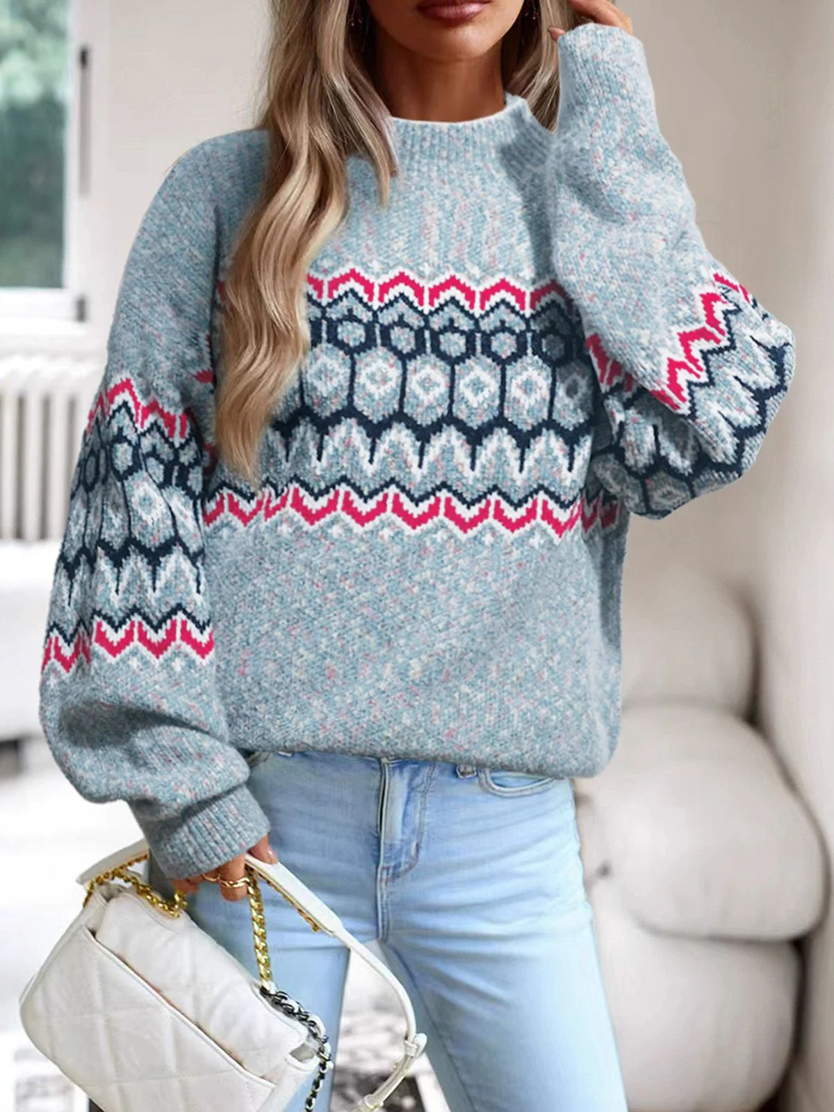 Blue 1940s Irregular Print Christmas Sweater - Image 3