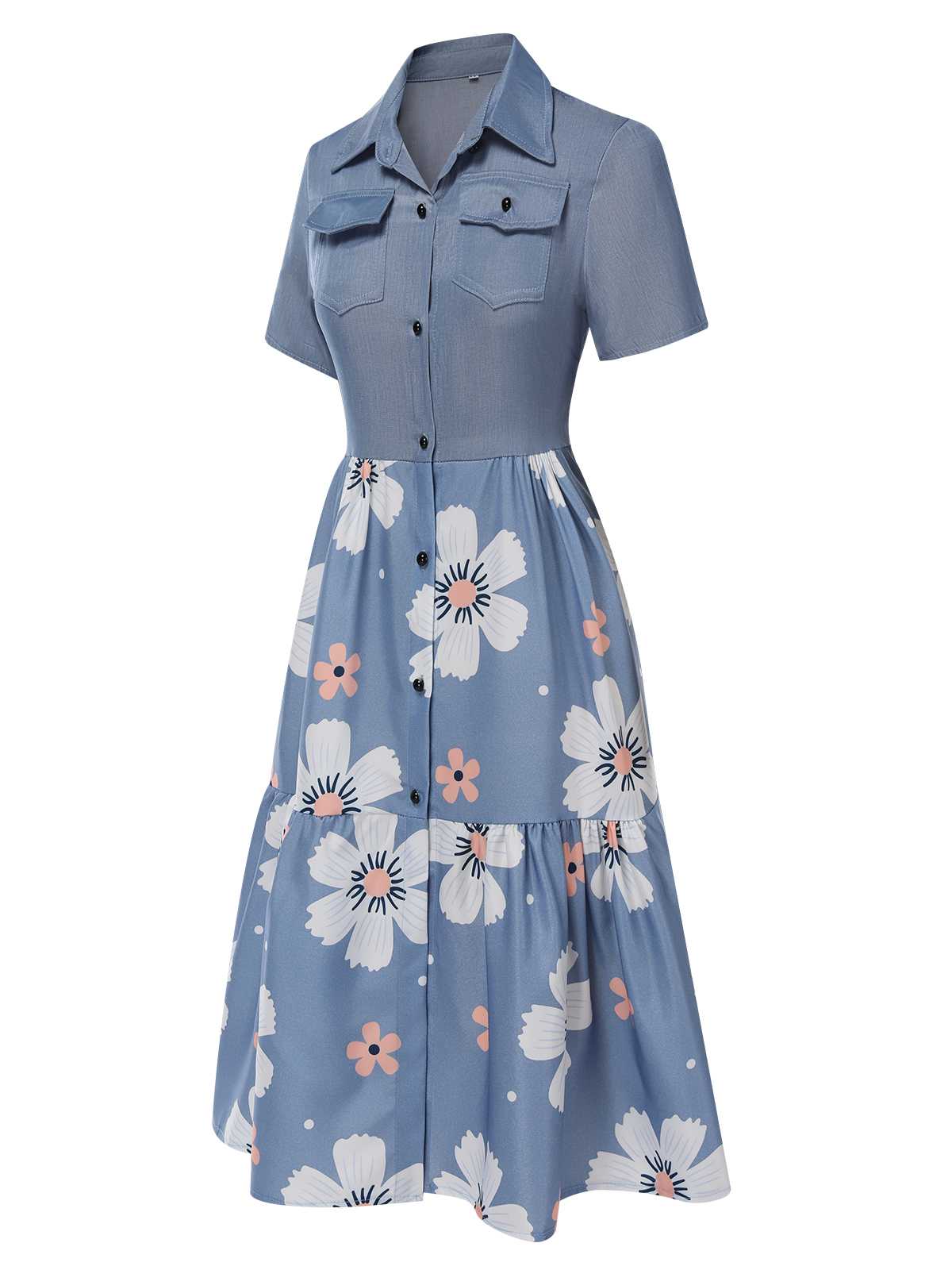 Blue 1940s Lapel Button Floral Dress - Image 2