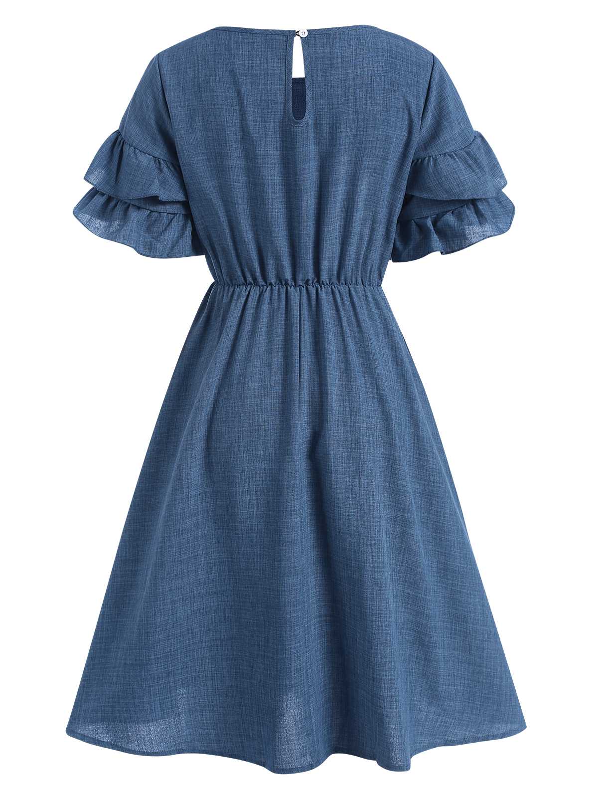 Blue 1940s Layered Ruffle Sleeve A-Line Dress - Image 2