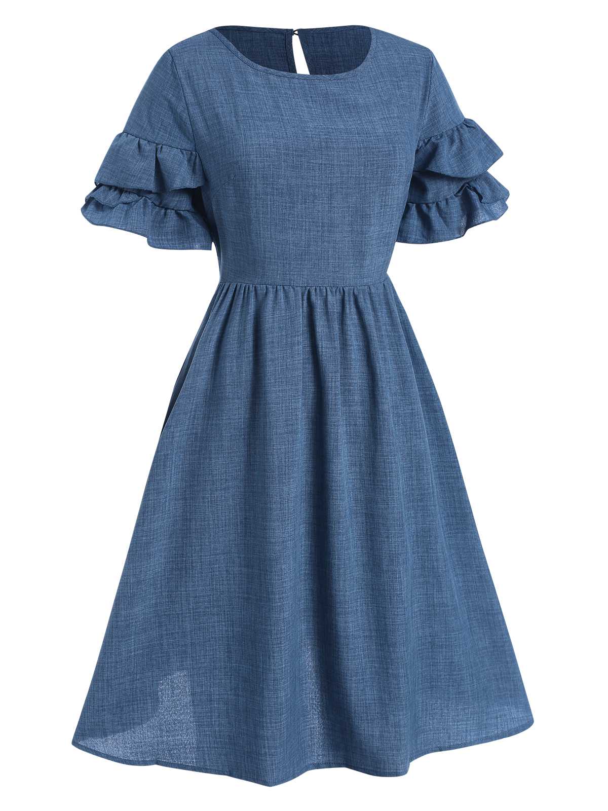 Blue 1940s Layered Ruffle Sleeve A-Line Dress - Image 3
