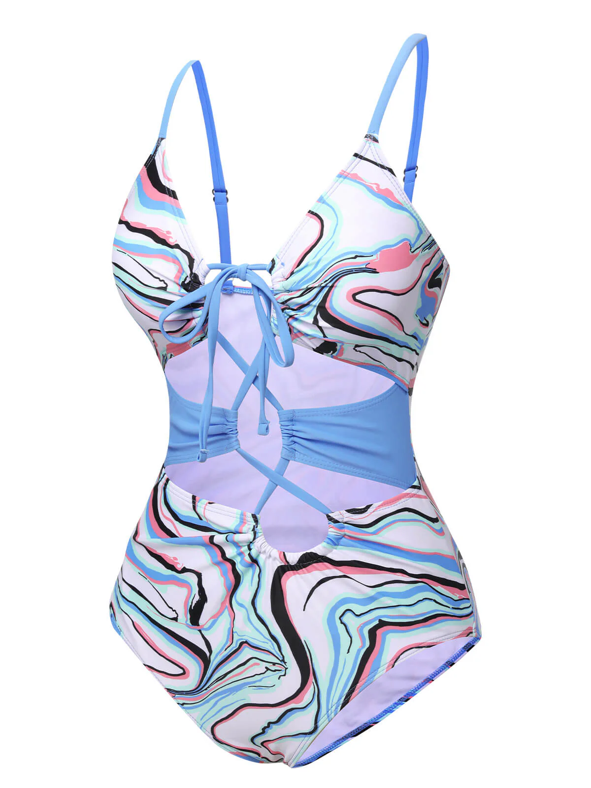 Blue 1970s Marble Print Hollow One-Piece Swimsuit - Image 2