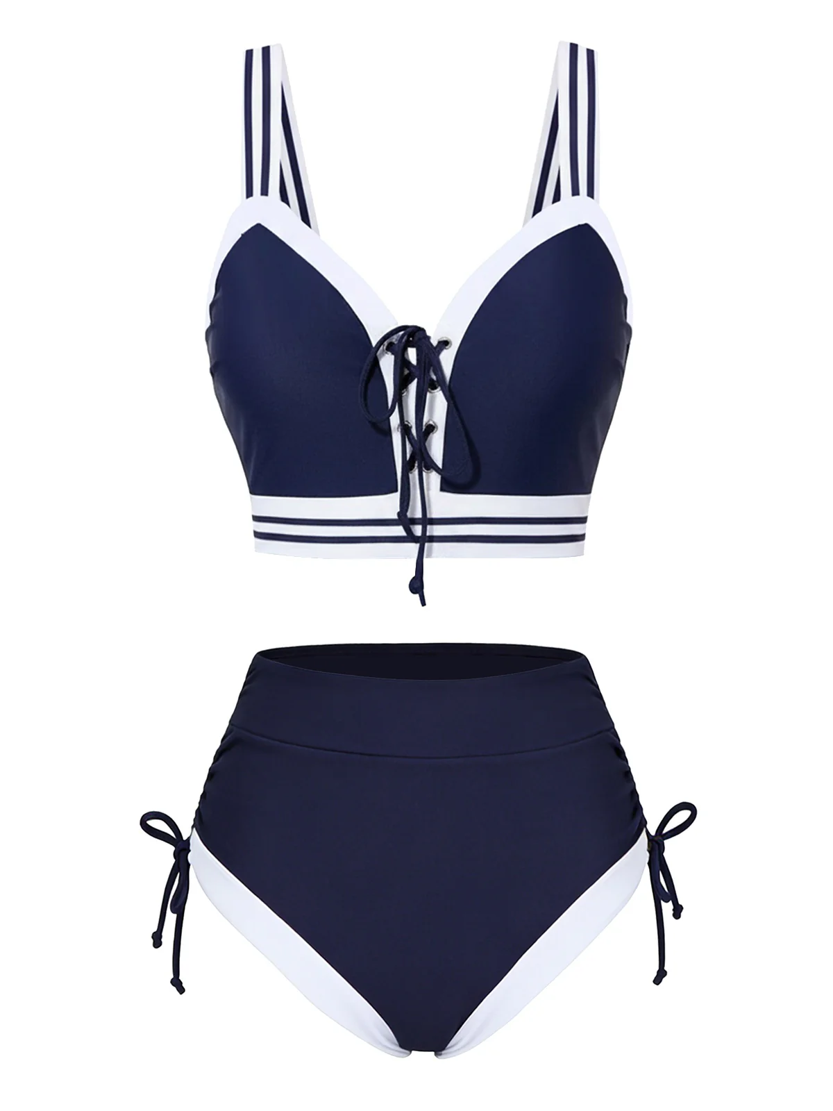 Blue 1940s Nautical Striped Lace-Up Bikini Set - Image 2