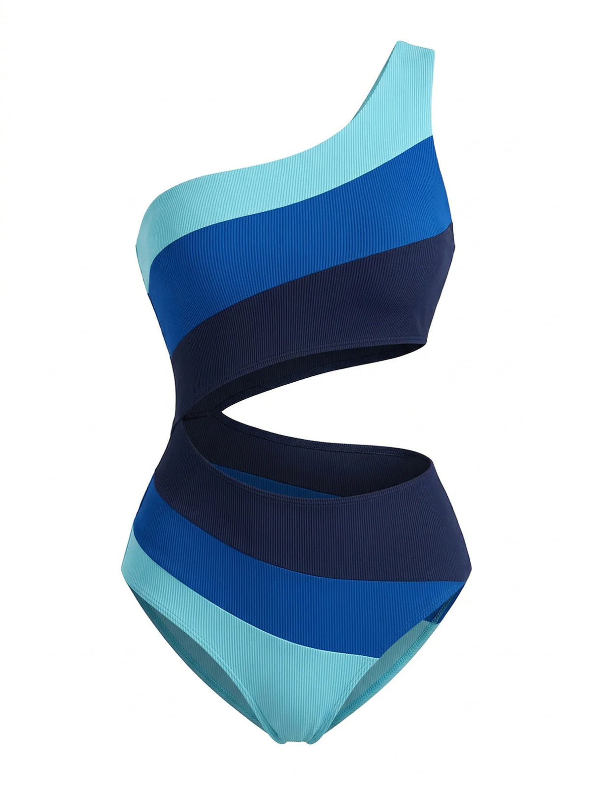 Blue 1940s One-Shoulder Striped Colorblock One-Piece Swimsuit - Image 2