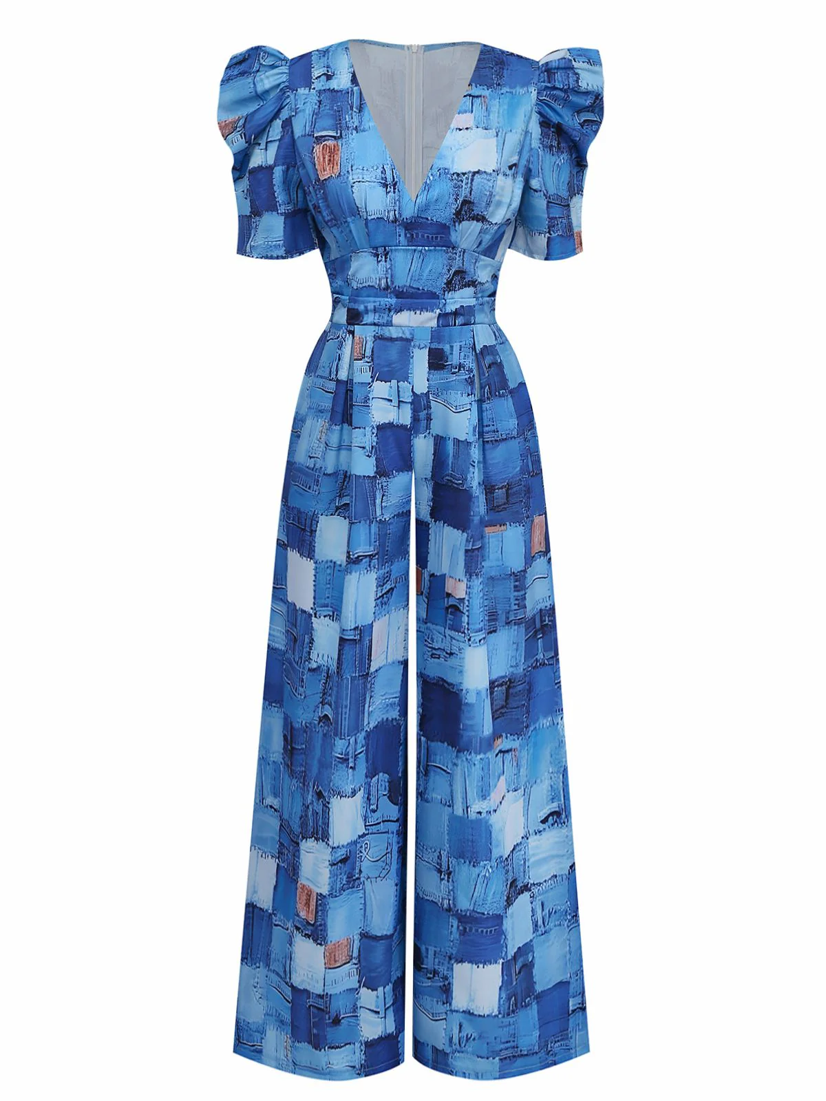 Blue 1940s Patchwork Puff-Sleeve V-Neck Jumpsuit - Image 2