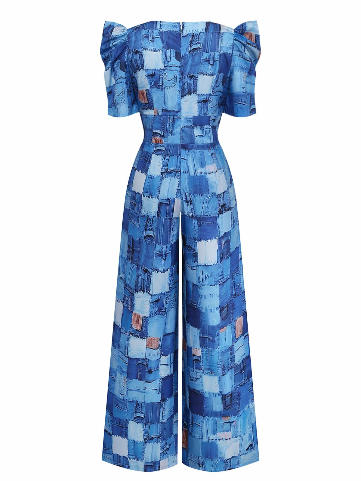 Blue 1940s Patchwork Puff-Sleeve V-Neck Jumpsuit - Image 3