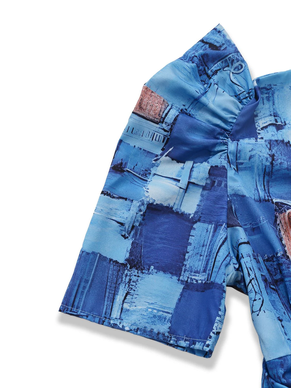 Blue 1940s Patchwork Puff-Sleeve V-Neck Jumpsuit - Image 4