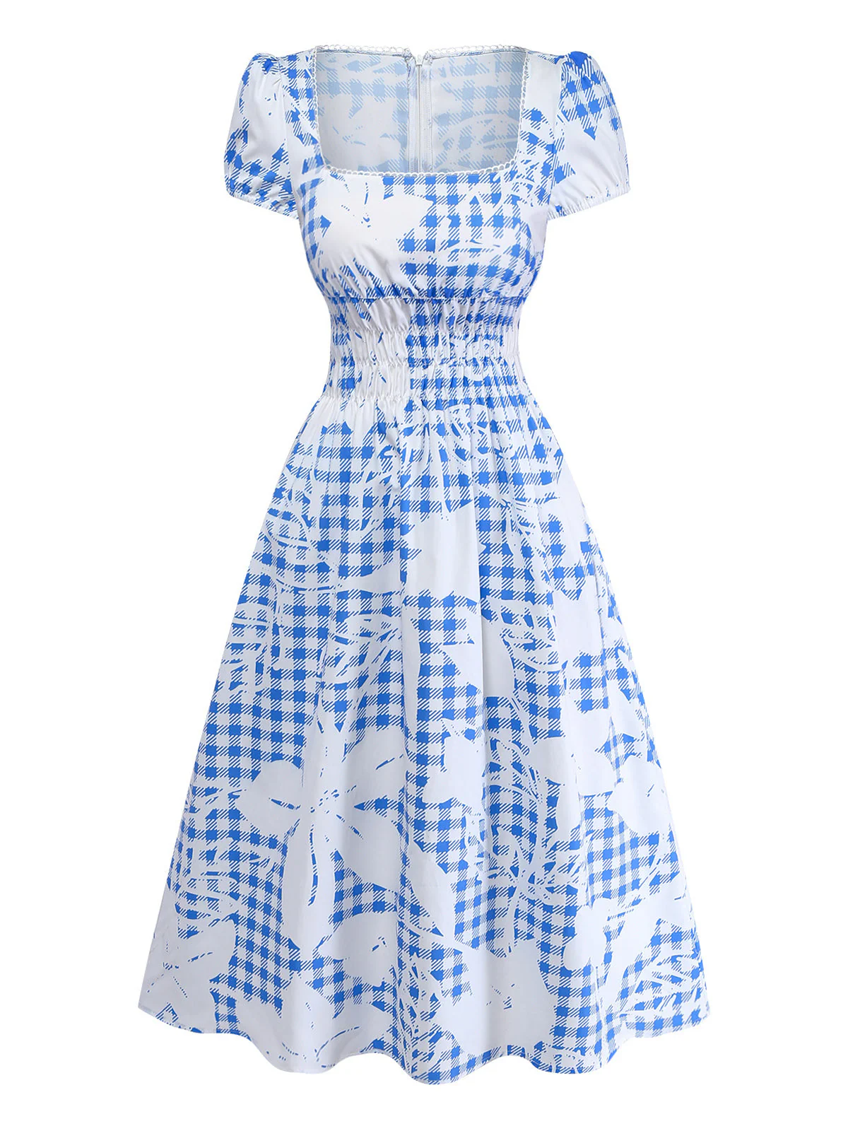 [Pre-Sale] Blue 1940s Plaid Flower Square Neck Smocked Midi Dress - Image 2