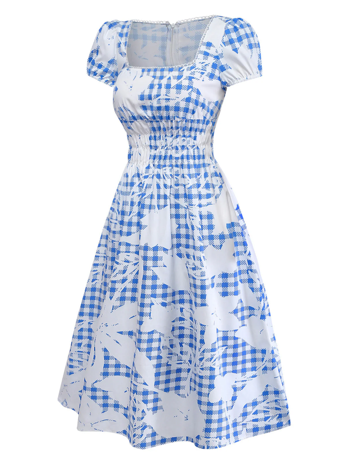 [Pre-Sale] Blue 1940s Plaid Flower Square Neck Smocked Midi Dress - Image 3