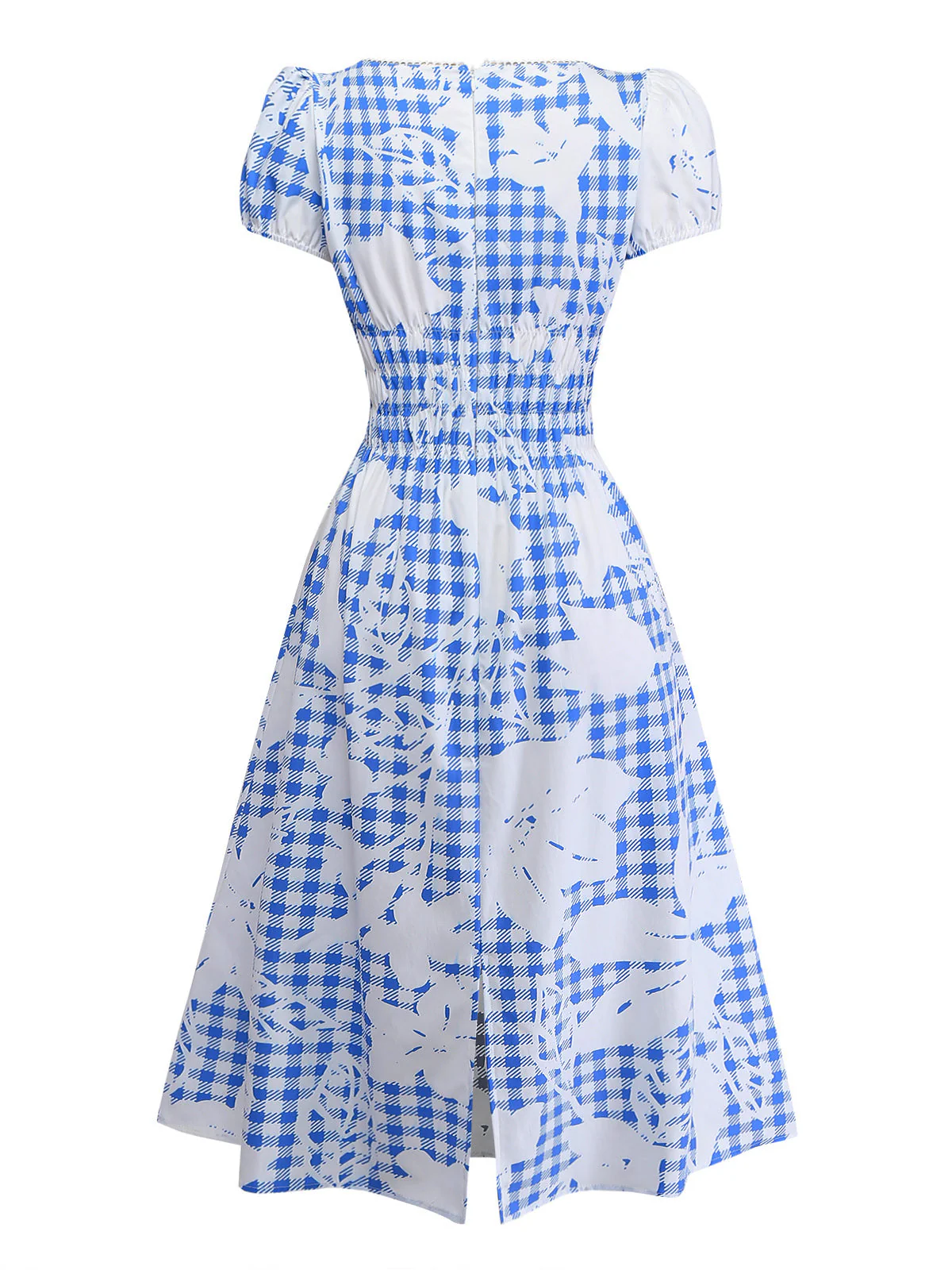 [Pre-Sale] Blue 1940s Plaid Flower Square Neck Smocked Midi Dress - Image 4
