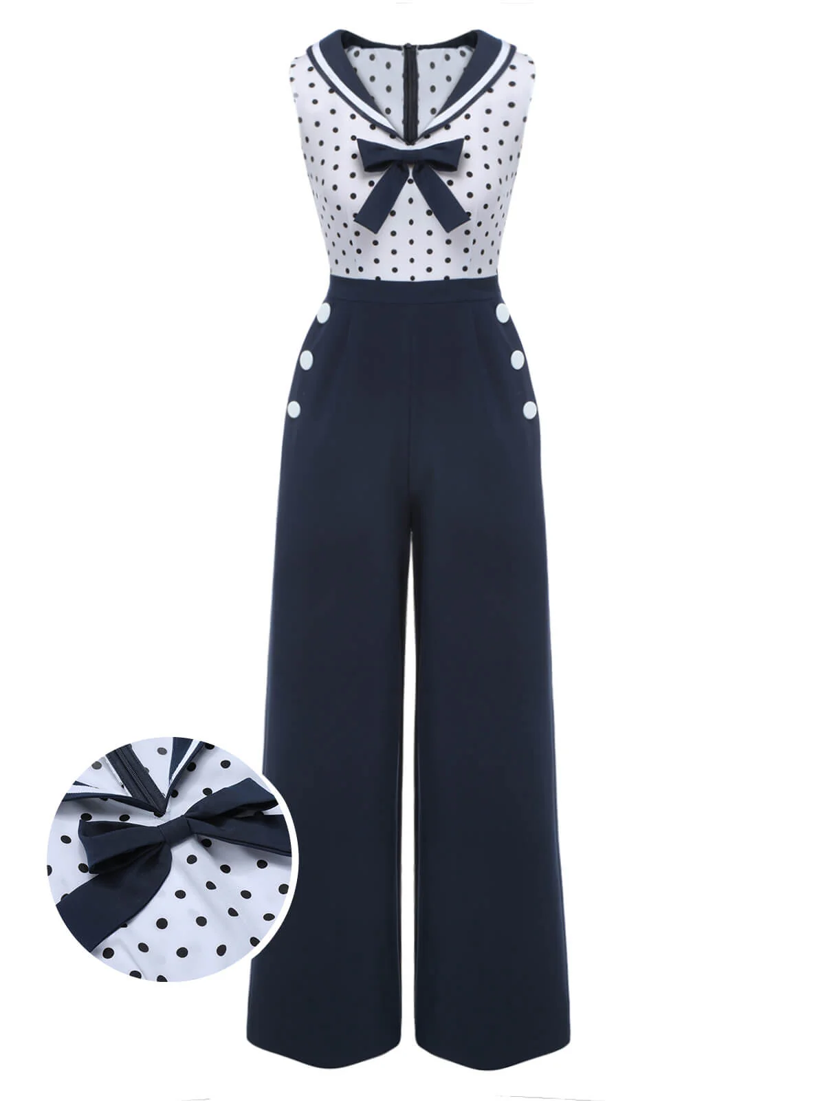 Blue 1940s Polka Dot Bow Lapel Jumpsuit - Image 2