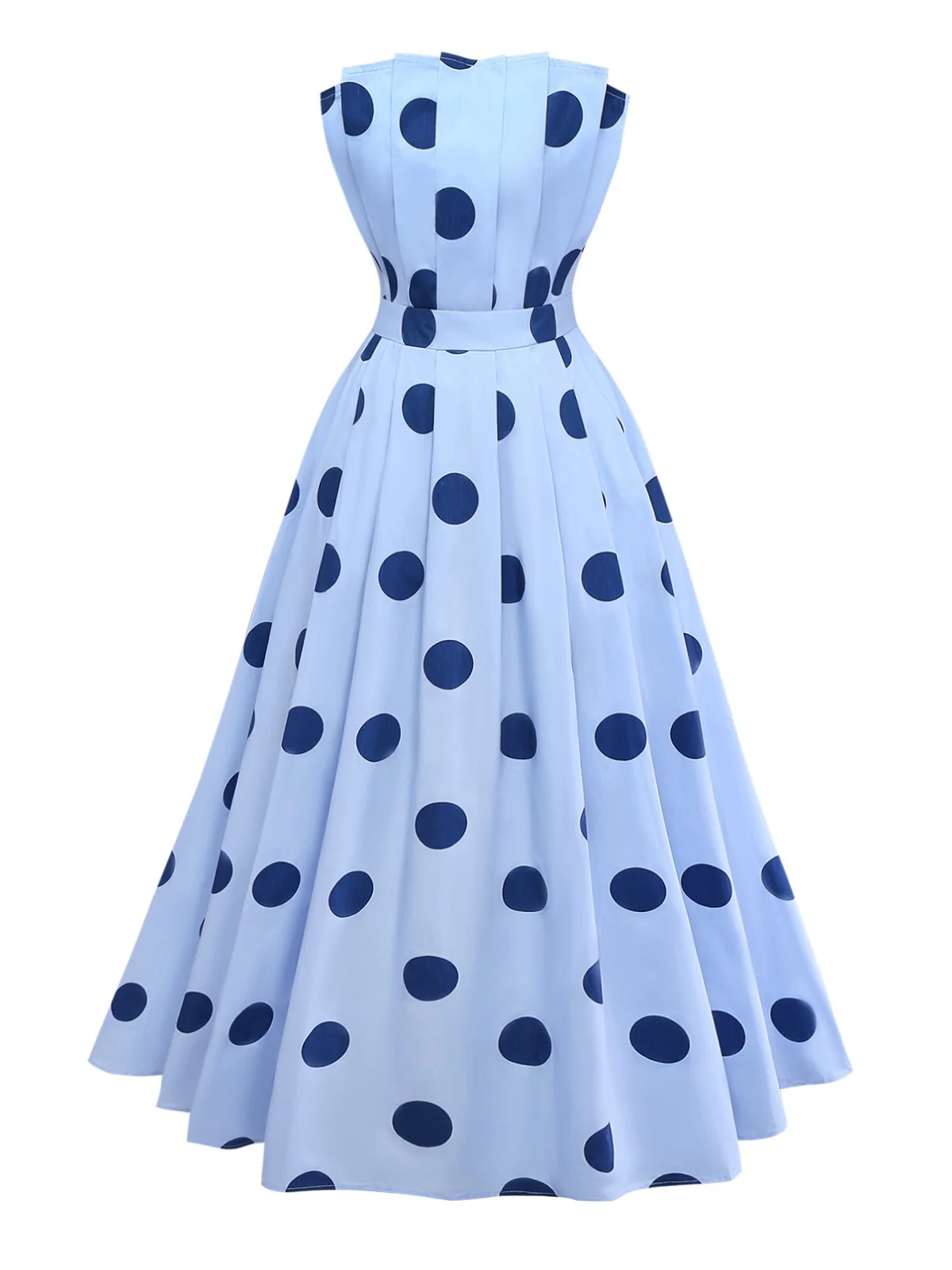 Blue 1940s Polka Dot Strapless Pleated Dress - Image 2