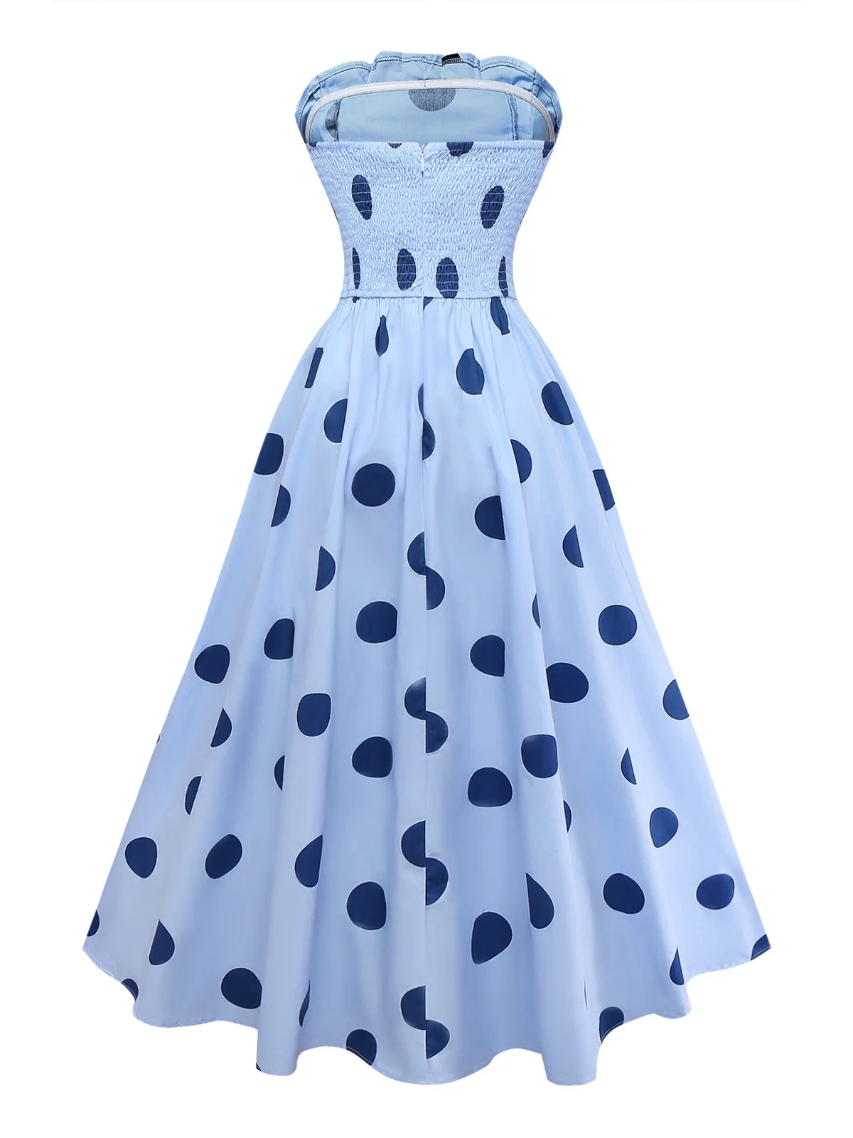 Blue 1940s Polka Dot Strapless Pleated Dress - Image 3