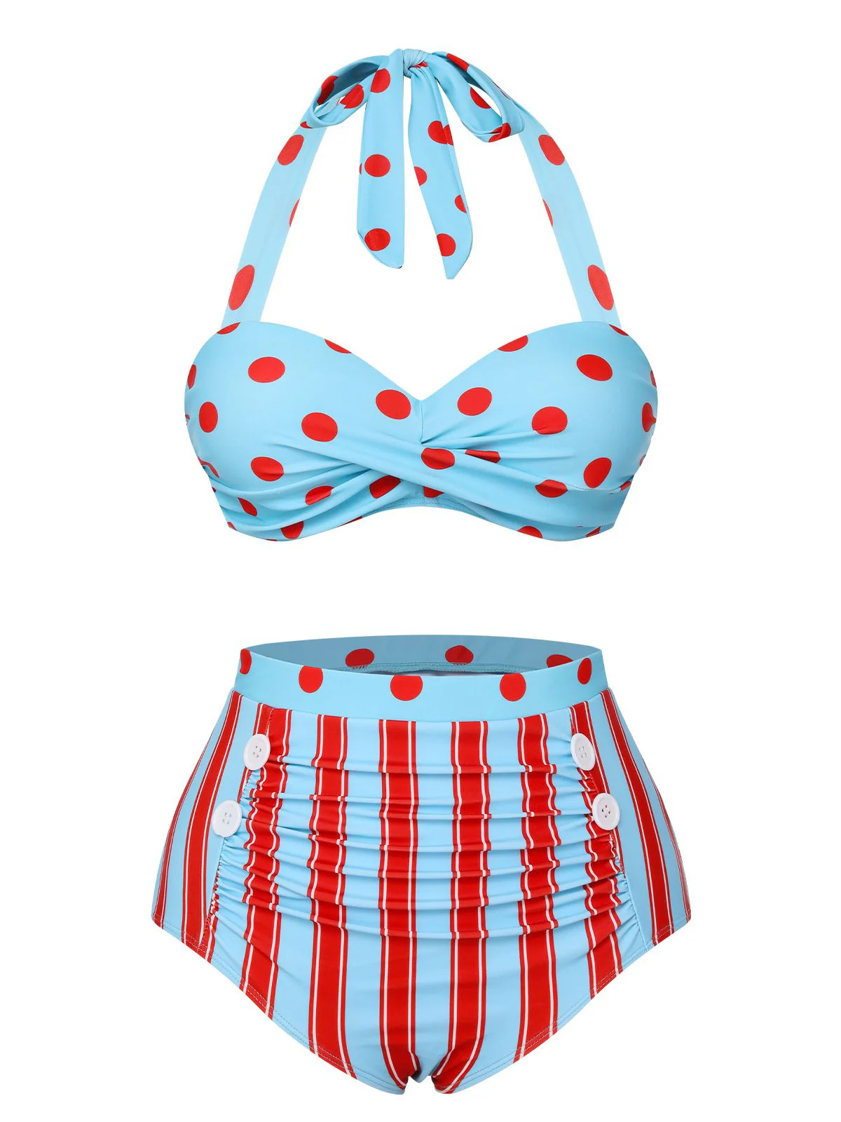 Blue 1940s Polka Dot Stripe Halter Swimsuit - Image 2
