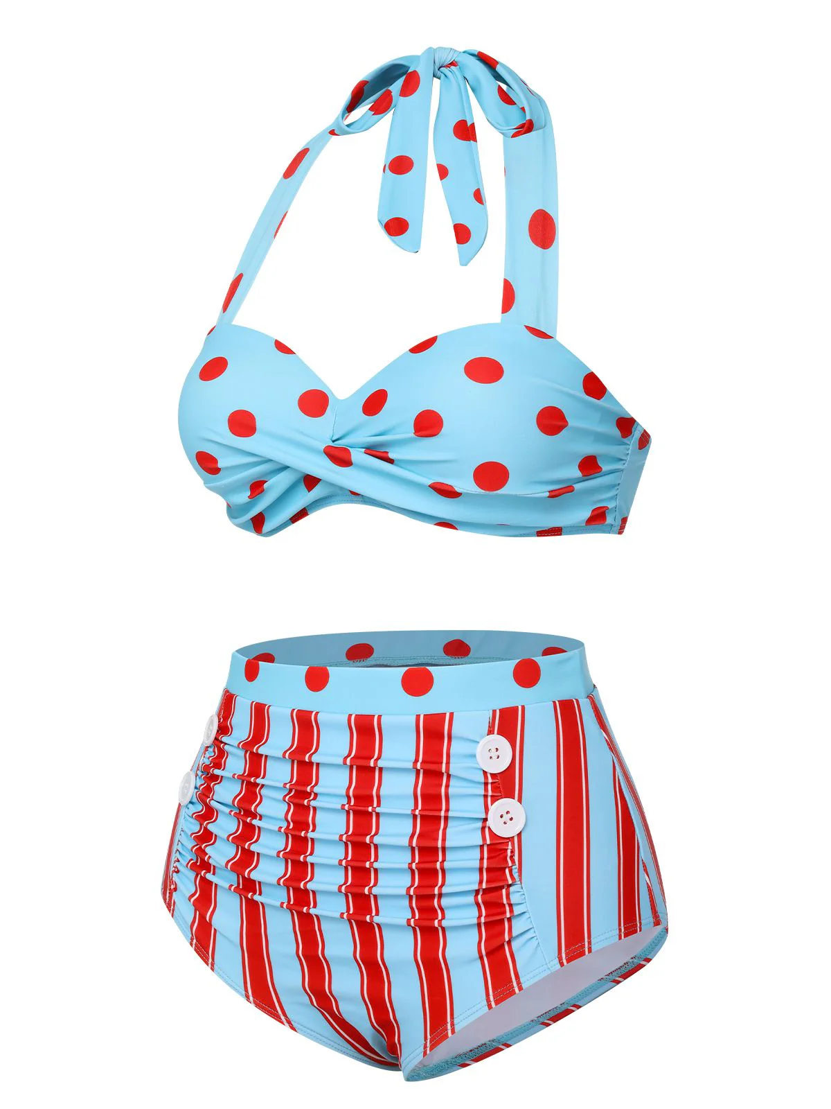 Blue 1940s Polka Dot Stripe Halter Swimsuit - Image 3