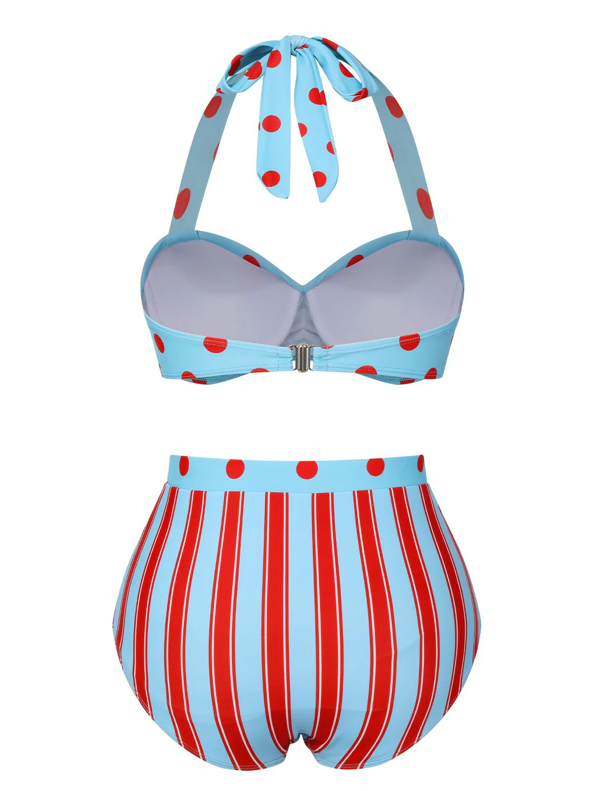 Blue 1940s Polka Dot Stripe Halter Swimsuit - Image 4