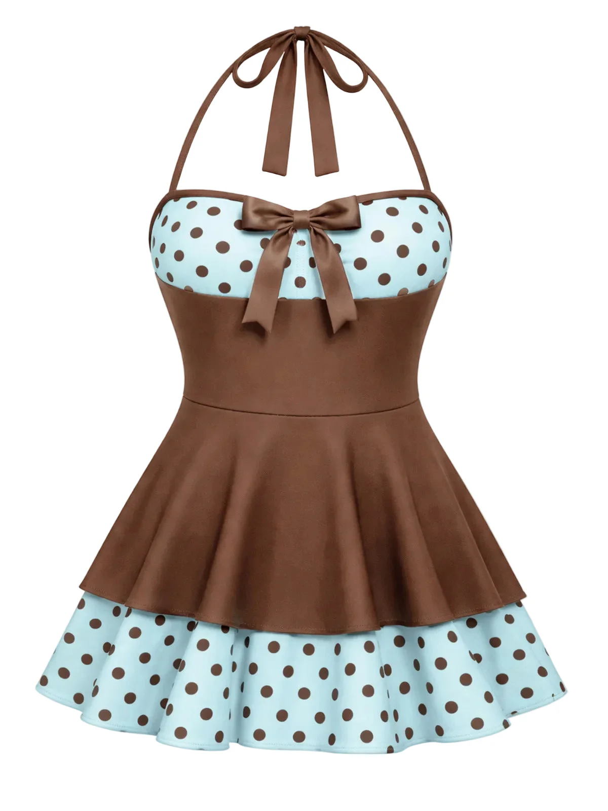 Blue 1940s Polka Dots Patchwork Halter Swimdress - Image 8