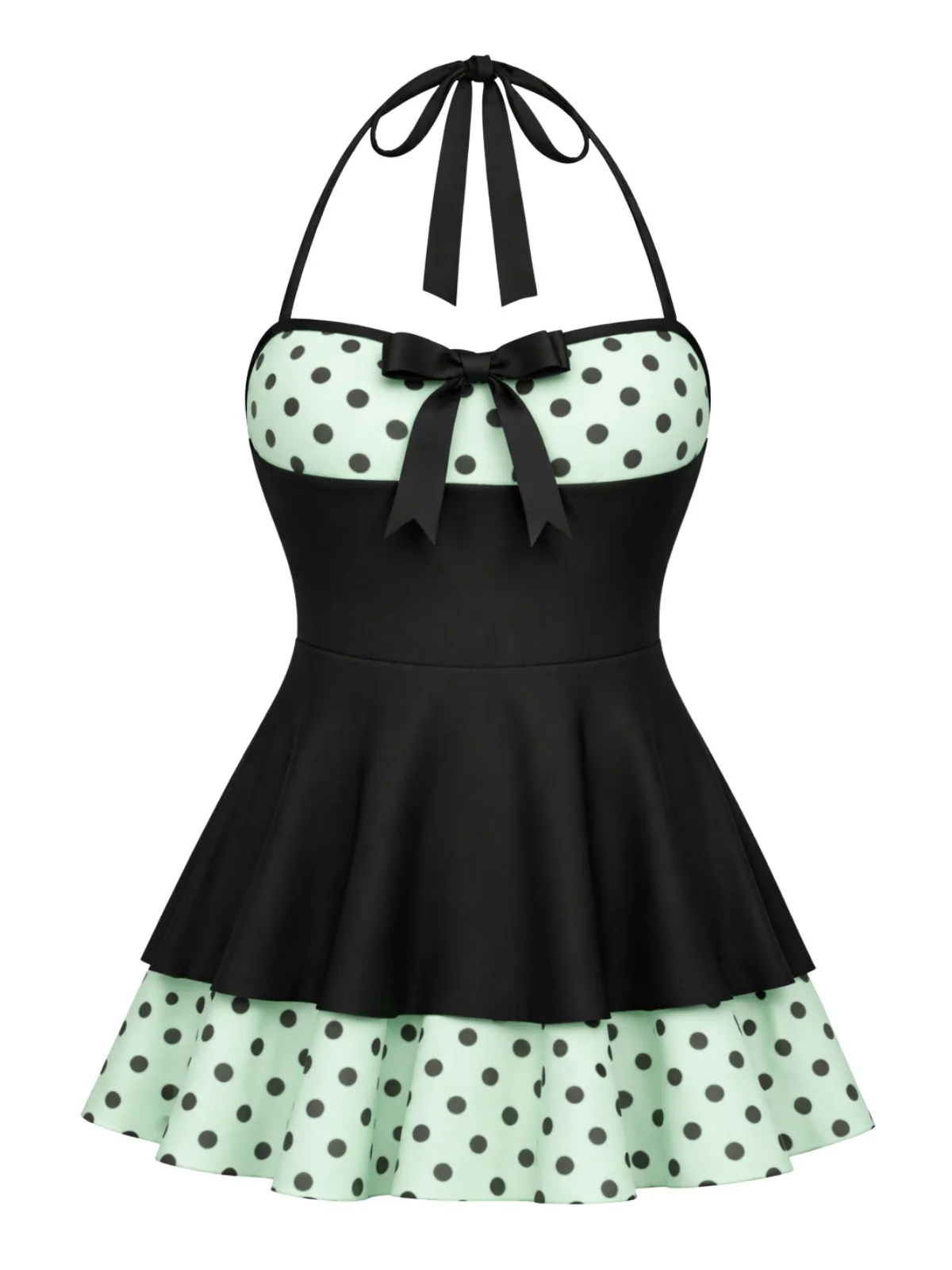 Blue 1940s Polka Dots Patchwork Halter Swimdress - Image 9