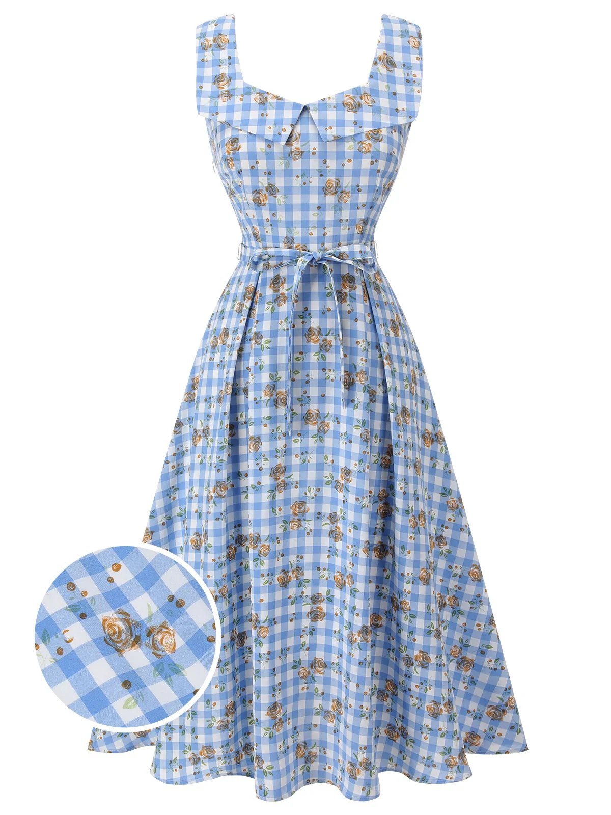Blue 1940s Rose Gingham Lace Up Dress - Image 2