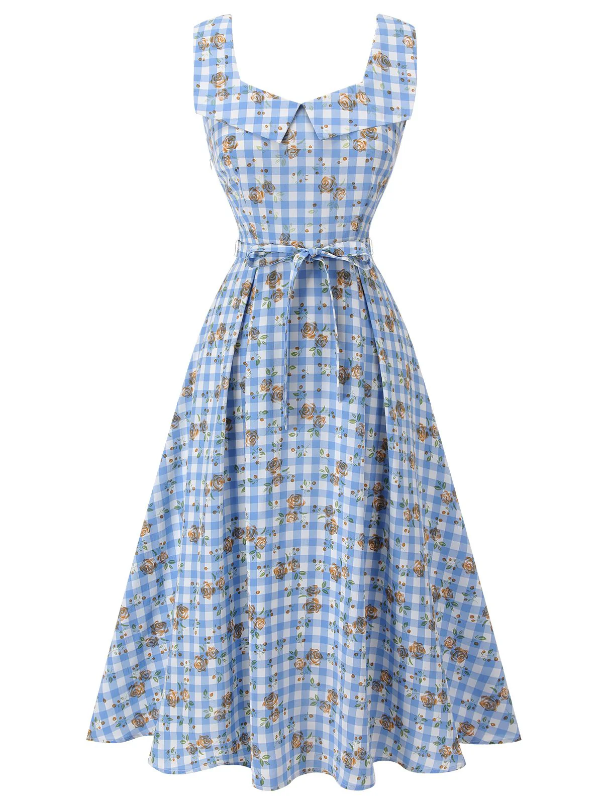 Blue 1940s Rose Gingham Lace Up Dress - Image 3