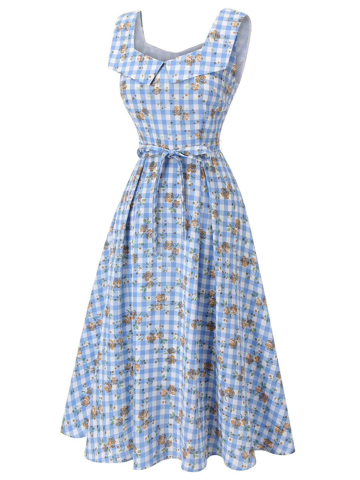 Blue 1940s Rose Gingham Lace Up Dress - Image 4