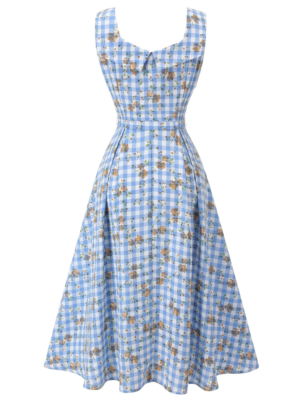 Blue 1940s Rose Gingham Lace Up Dress - Image 5