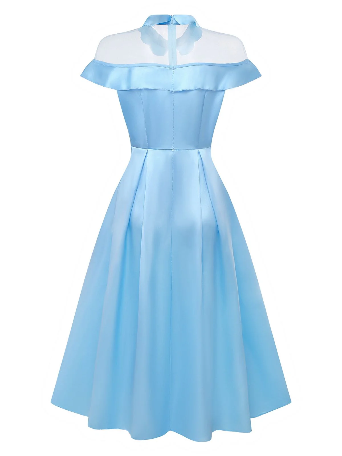 Blue 1940s Satin Mesh Panel Peter Pan Collar Dress - Image 2