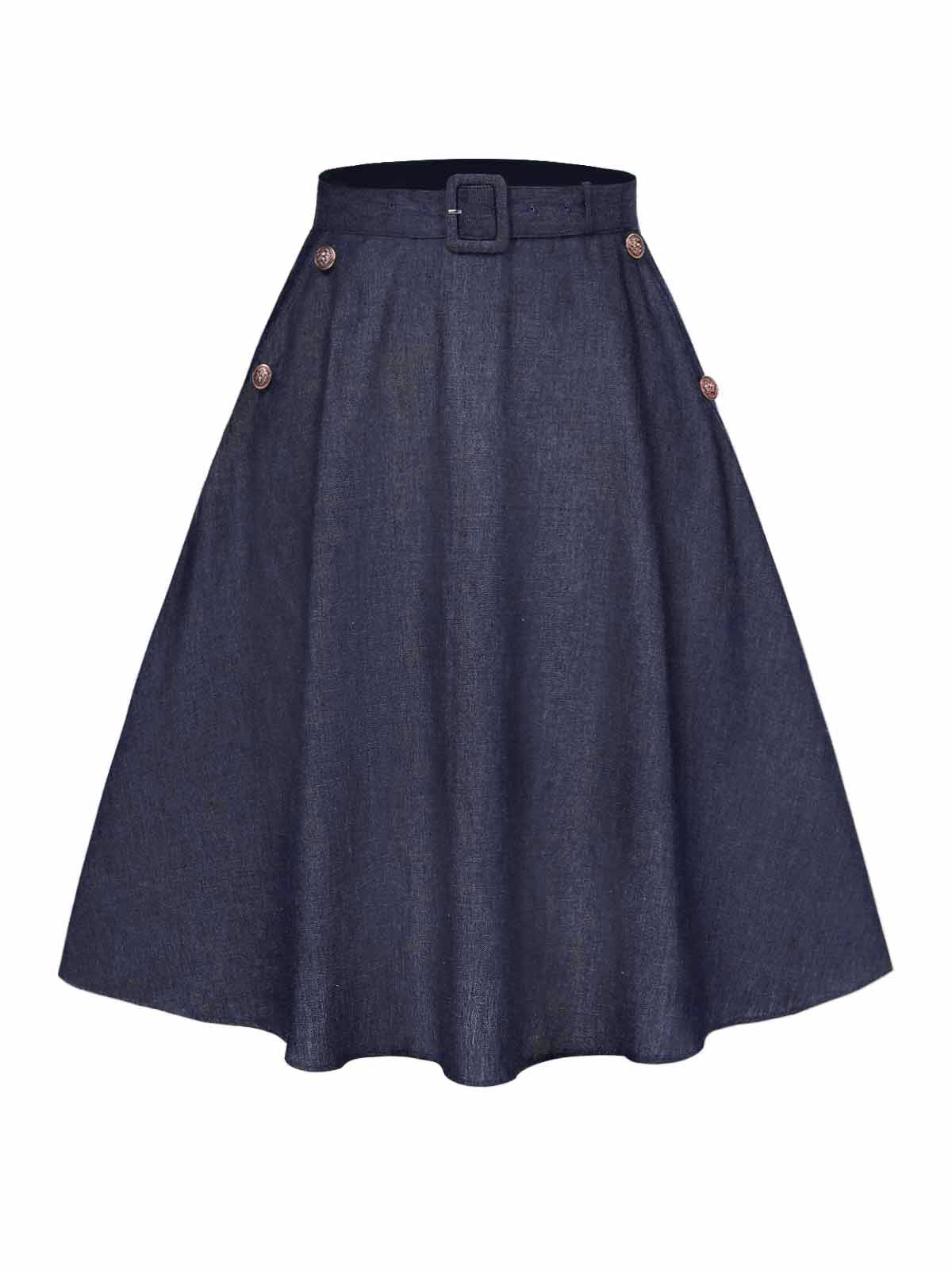 Blue 1940s Solid Button Skirt WIth Belt - Image 2