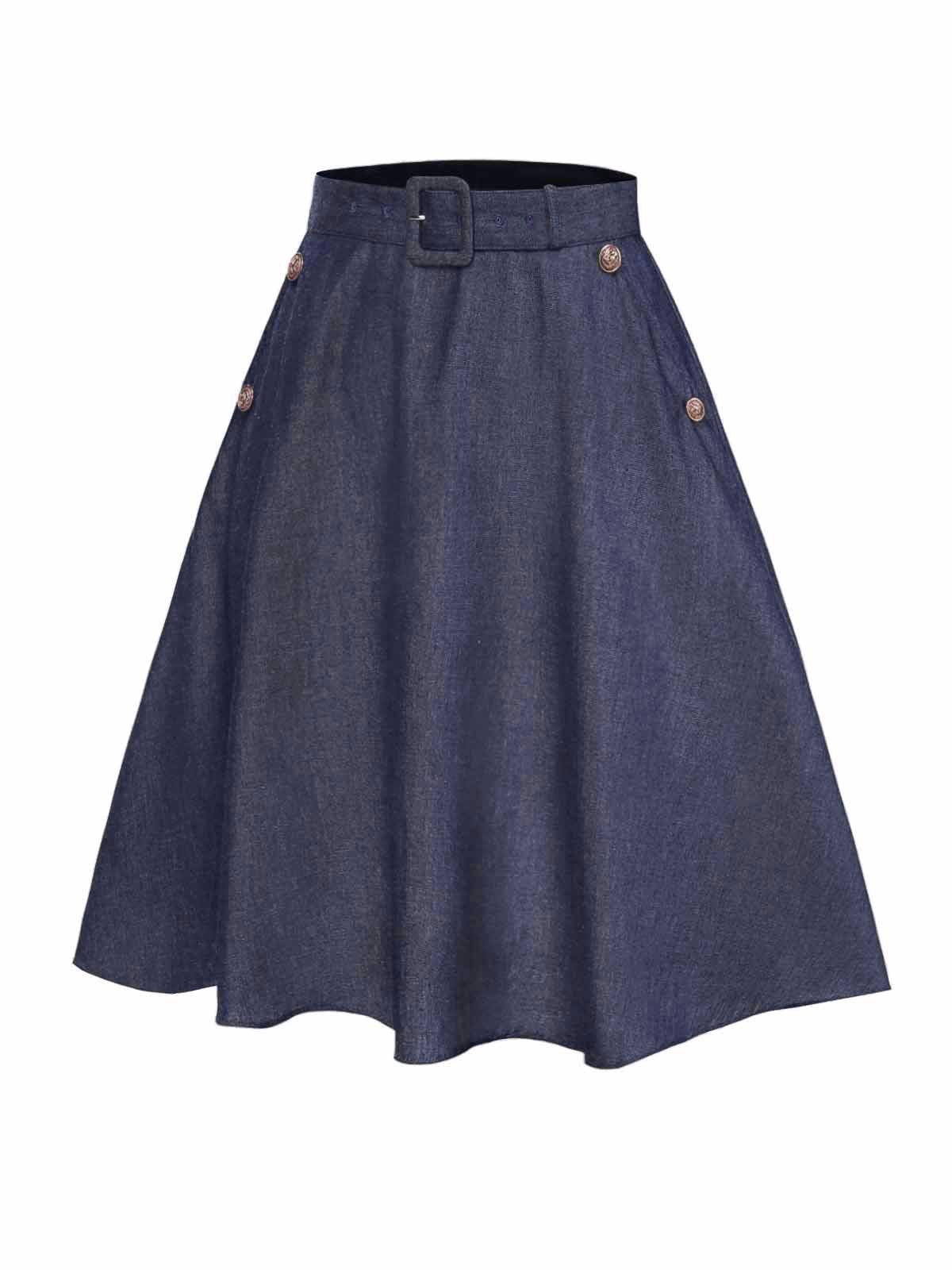 Blue 1940s Solid Button Skirt WIth Belt - Image 3