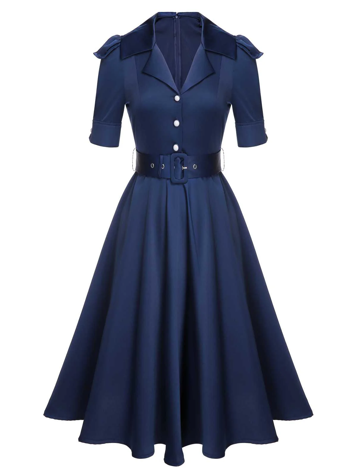 Blue 1940s Solid Short Sleeves Lapel Dress - Image 2