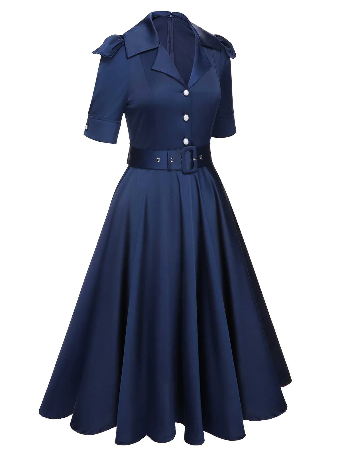 Blue 1940s Solid Short Sleeves Lapel Dress - Image 3