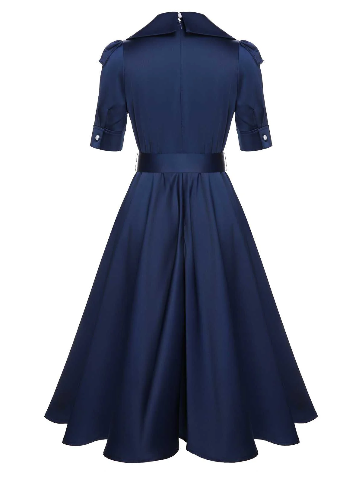 Blue 1940s Solid Short Sleeves Lapel Dress - Image 4