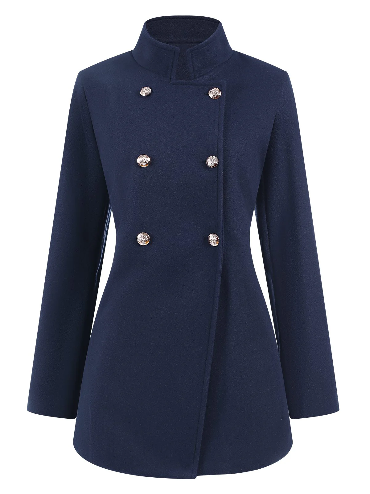 Blue 1940s Solid Stand Collar Double Breasted Coat - Image 2