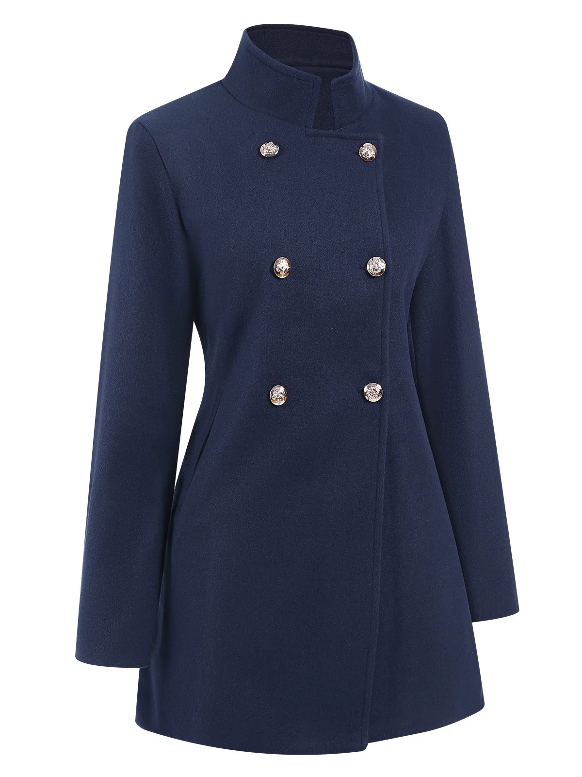 Blue 1940s Solid Stand Collar Double Breasted Coat - Image 3