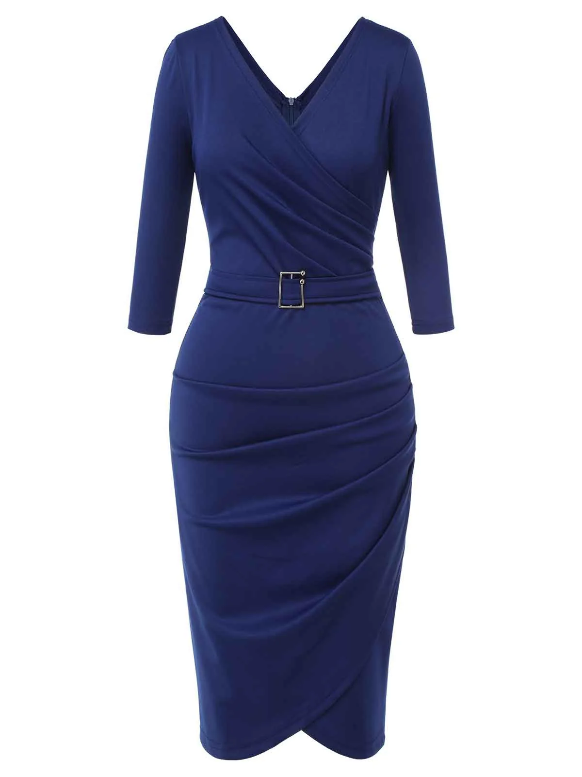 Blue 1940s Solid V-Neck Dress with Belt - Image 2